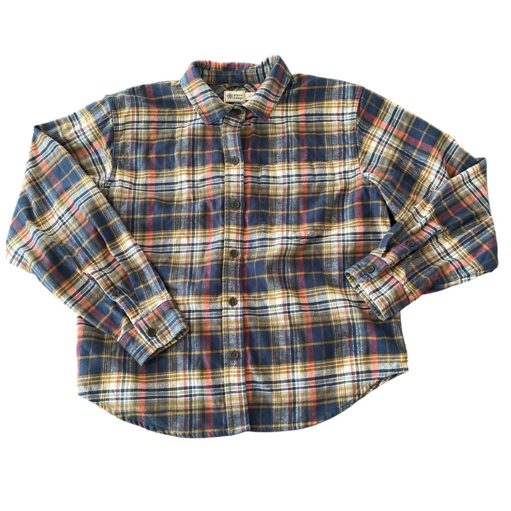 Alpine Design Womens Small Blue Orange Plaid Cotton Flannel Button Down Shirt